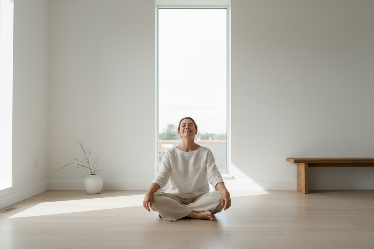 show a person being happy, peace and calm in a minimalist environment